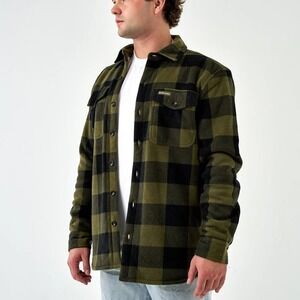 Burlebo Mens Sherpa Fleece Shirt Jacket Shacket Green Black Buffalo Plaid XL New